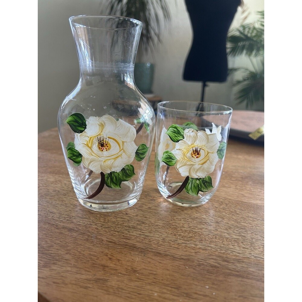 Crystal Glass Bedside Water Carafe With Water Glass Hand Painted Floral 16 Oz